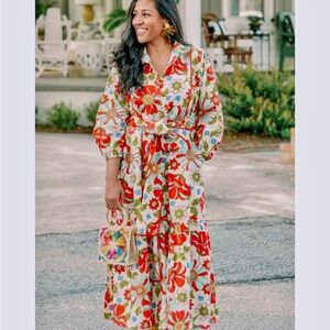 Victoria Dunn Long Sleeve Floral Dress - Red and Green